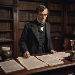 Sherlock Holmes portrayed with a confused expression, standing in his Victorian era study with evidence from a case spread around