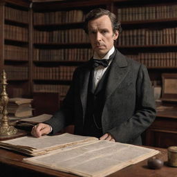 Sherlock Holmes portrayed with a confused expression, standing in his Victorian era study with evidence from a case spread around