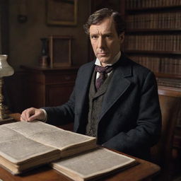 Sherlock Holmes portrayed with a confused expression, standing in his Victorian era study with evidence from a case spread around