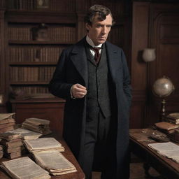 Sherlock Holmes portrayed with a confused expression, standing in his Victorian era study with evidence from a case spread around