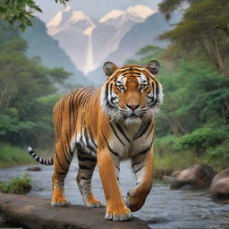 India personified as a majestic Bengal tiger, the national animal, surrounded by diverse elements of Indian landscape including the Himalayas, dense jungles, and River Ganges.