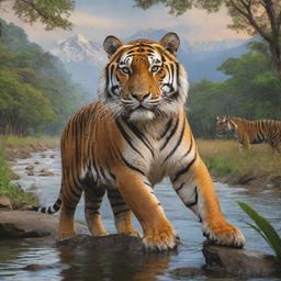 India personified as a majestic Bengal tiger, the national animal, surrounded by diverse elements of Indian landscape including the Himalayas, dense jungles, and River Ganges.