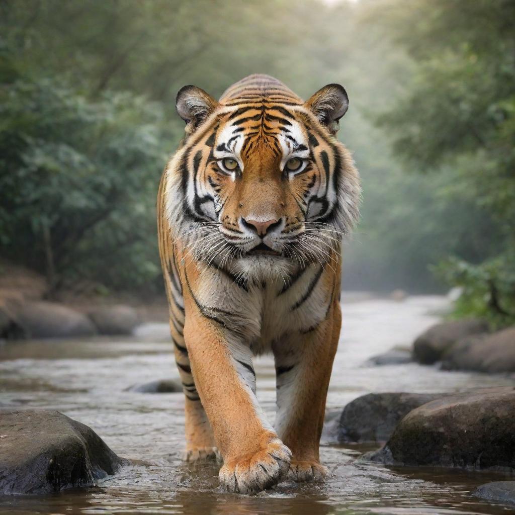 India personified as a majestic Bengal tiger, the national animal, surrounded by diverse elements of Indian landscape including the Himalayas, dense jungles, and River Ganges.