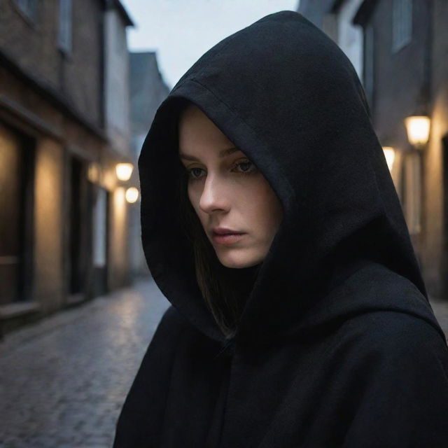 In the dimly-lit streets of the 17th century, a woman shrouded in a black hooded robe sits quietly, her face concealed completely within the hood, exuding an air of mystery