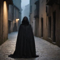 In the dimly-lit streets of the 17th century, a woman shrouded in a black hooded robe sits quietly, her face concealed completely within the hood, exuding an air of mystery