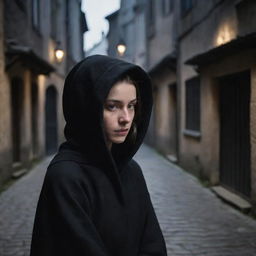 In the dimly-lit streets of the 17th century, a woman shrouded in a black hooded robe sits quietly, her face concealed completely within the hood, exuding an air of mystery