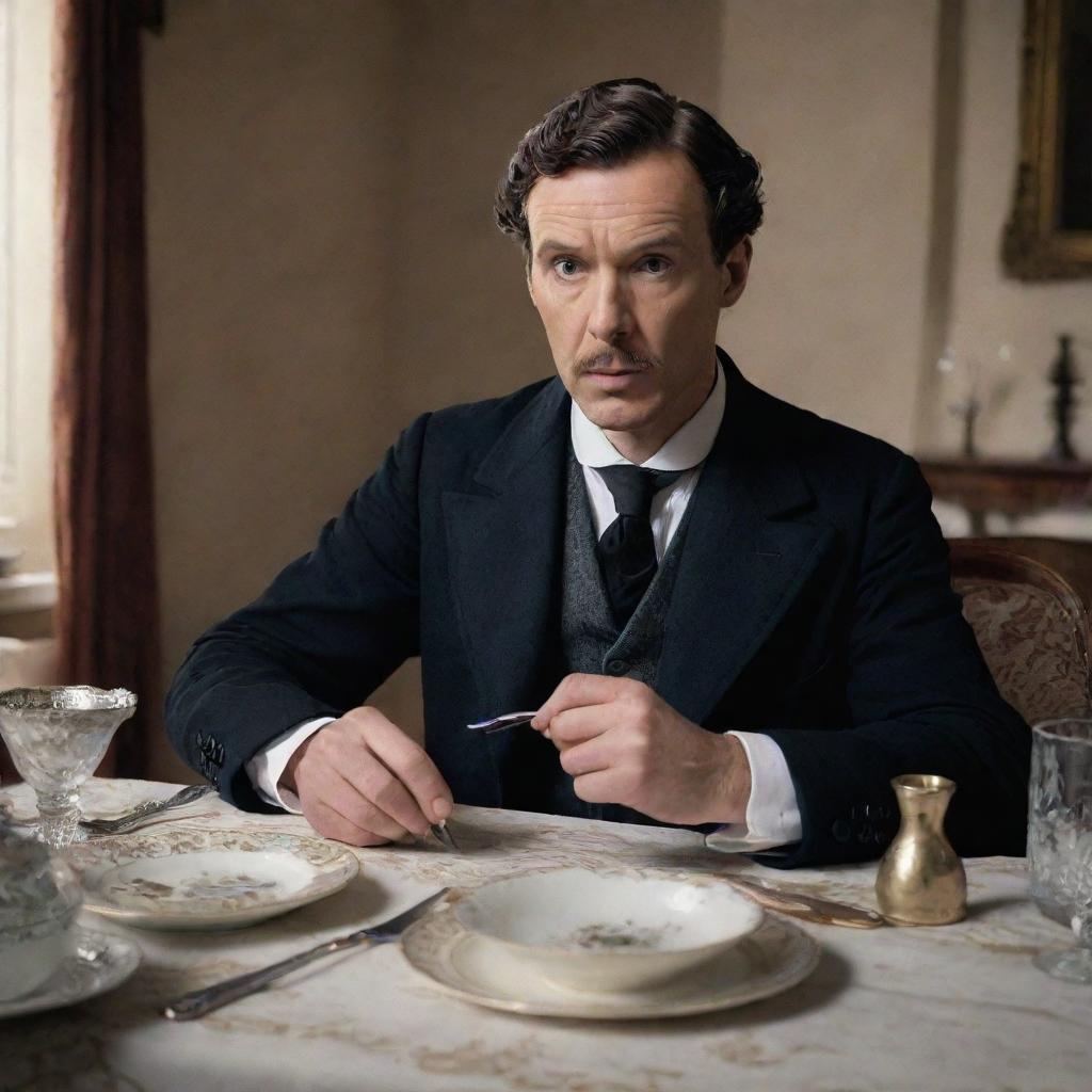 Sherlock Holmes seated at a dining table, a look of confusion on his face, surrounded by Victorian era cutlery and dinnerware