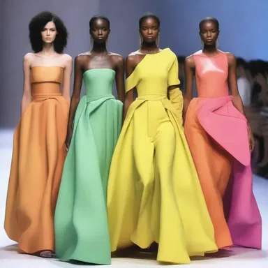 The fashion designer showcased their collection on the runway with avant-garde dresses adorned in oil colors.