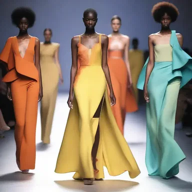 The fashion designer showcased their collection on the runway with avant-garde dresses adorned in oil colors.