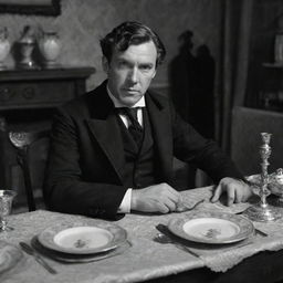 Sherlock Holmes seated at a dining table, a look of confusion on his face, surrounded by Victorian era cutlery and dinnerware