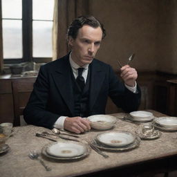 Sherlock Holmes seated at a dining table, a look of confusion on his face, surrounded by Victorian era cutlery and dinnerware