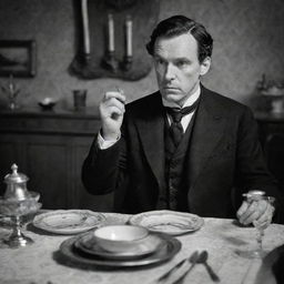 Sherlock Holmes seated at a dining table, a look of confusion on his face, surrounded by Victorian era cutlery and dinnerware