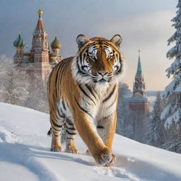 Russia personified as a powerful Siberian Tiger, native to its far eastern lands, prowling through a winter scene with St. Basil's Cathedral and the thick Siberian forests in the backdrop.