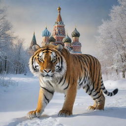 Russia personified as a powerful Siberian Tiger, native to its far eastern lands, prowling through a winter scene with St. Basil's Cathedral and the thick Siberian forests in the backdrop.