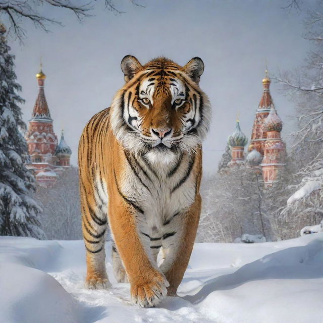 Russia personified as a powerful Siberian Tiger, native to its far eastern lands, prowling through a winter scene with St. Basil's Cathedral and the thick Siberian forests in the backdrop.