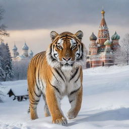 Russia personified as a powerful Siberian Tiger, native to its far eastern lands, prowling through a winter scene with St. Basil's Cathedral and the thick Siberian forests in the backdrop.