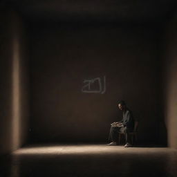 3D illustration of a man standing and sitting in a dark room, highlighted by a small light. The Arabic name 'انس' is written on the background wall.