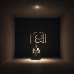 3D illustration of a man standing and sitting in a dark room, highlighted by a small light. The Arabic name 'انس' is written on the background wall.