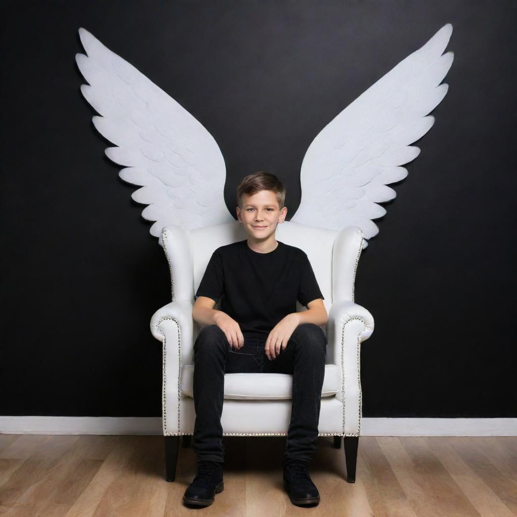 Create a 3D illusion of a picture featuring a boy in a black shirt, sitting casually on a Wingback Chair with angel wings projecting from his back. The background is a black wall, with 'sufian' displayed prominently in capital, white letters. Shadows are absent to enhance the illusion.