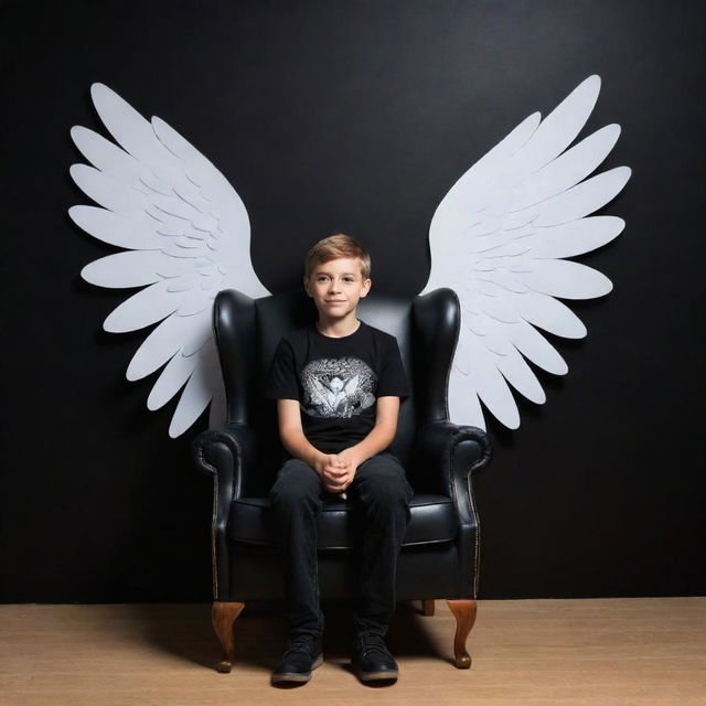 Create a 3D illusion of a picture featuring a boy in a black shirt, sitting casually on a Wingback Chair with angel wings projecting from his back. The background is a black wall, with 'sufian' displayed prominently in capital, white letters. Shadows are absent to enhance the illusion.