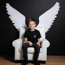 Create a 3D illusion of a picture featuring a boy in a black shirt, sitting casually on a Wingback Chair with angel wings projecting from his back. The background is a black wall, with 'sufian' displayed prominently in capital, white letters. Shadows are absent to enhance the illusion.