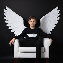 Create a 3D illusion of a picture featuring a boy in a black shirt, sitting casually on a Wingback Chair with angel wings projecting from his back. The background is a black wall, with 'sufian' displayed prominently in capital, white letters. Shadows are absent to enhance the illusion.