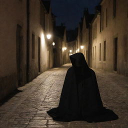 A woman in a black, hooded robe is sitting in a 17th-century street at night, her face fully concealed by the hood.