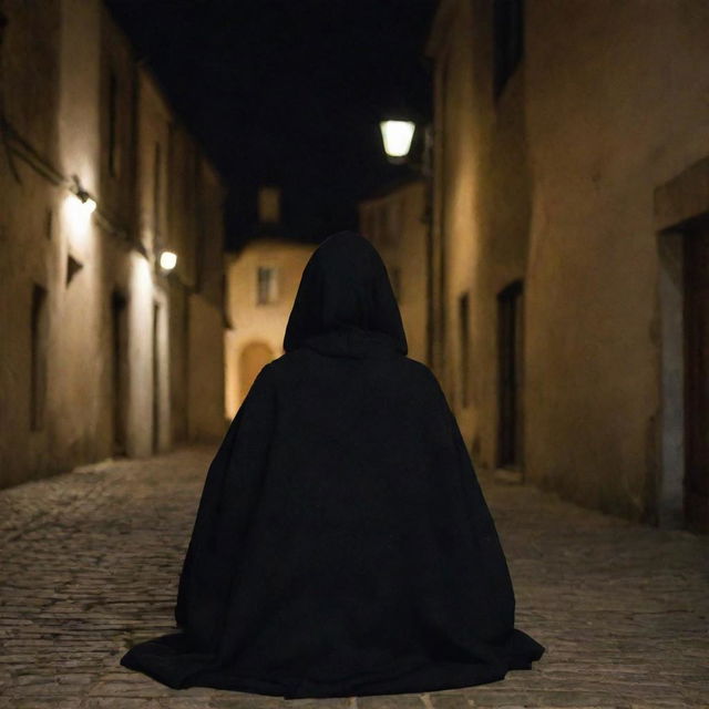 A woman in a black, hooded robe is sitting in a 17th-century street at night, her face fully concealed by the hood.