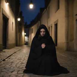 A woman in a black, hooded robe is sitting in a 17th-century street at night, her face fully concealed by the hood.