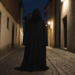 A woman in a black, hooded robe is sitting in a 17th-century street at night, her face fully concealed by the hood.