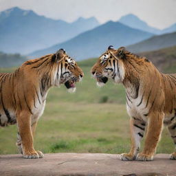 India and Pakistan personified as animals. A majestic Bengal tiger (India) and a formidable Markhor (Pakistan) in a friendly face-off with elements of both countries in the background.