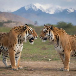 India and Pakistan personified as animals. A majestic Bengal tiger (India) and a formidable Markhor (Pakistan) in a friendly face-off with elements of both countries in the background.