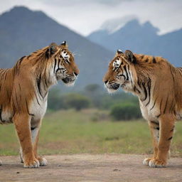 India and Pakistan personified as animals. A majestic Bengal tiger (India) and a formidable Markhor (Pakistan) in a friendly face-off with elements of both countries in the background.