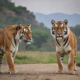 India and Pakistan personified as animals. A majestic Bengal tiger (India) and a formidable Markhor (Pakistan) in a friendly face-off with elements of both countries in the background.