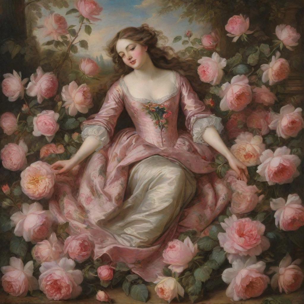 In the nostalgic setting of the 17th century, a woman is depicted in mid-fall onto a lush and fragrant pile of blooming roses