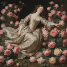 In the nostalgic setting of the 17th century, a woman is depicted in mid-fall onto a lush and fragrant pile of blooming roses