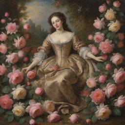 In the nostalgic setting of the 17th century, a woman is depicted in mid-fall onto a lush and fragrant pile of blooming roses