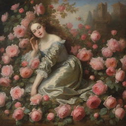 In the nostalgic setting of the 17th century, a woman is depicted in mid-fall onto a lush and fragrant pile of blooming roses