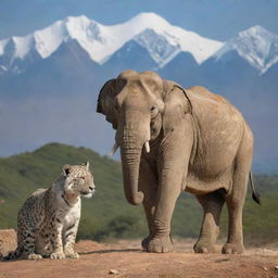 India and Pakistan personified as different majestic animals. An Asian elephant (India) and a regal Snow leopard (Pakistan) sharing a peaceful moment with the amalgamation of both nations' landscapes in the background.