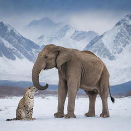 India and Pakistan personified as different majestic animals. An Asian elephant (India) and a regal Snow leopard (Pakistan) sharing a peaceful moment with the amalgamation of both nations' landscapes in the background.