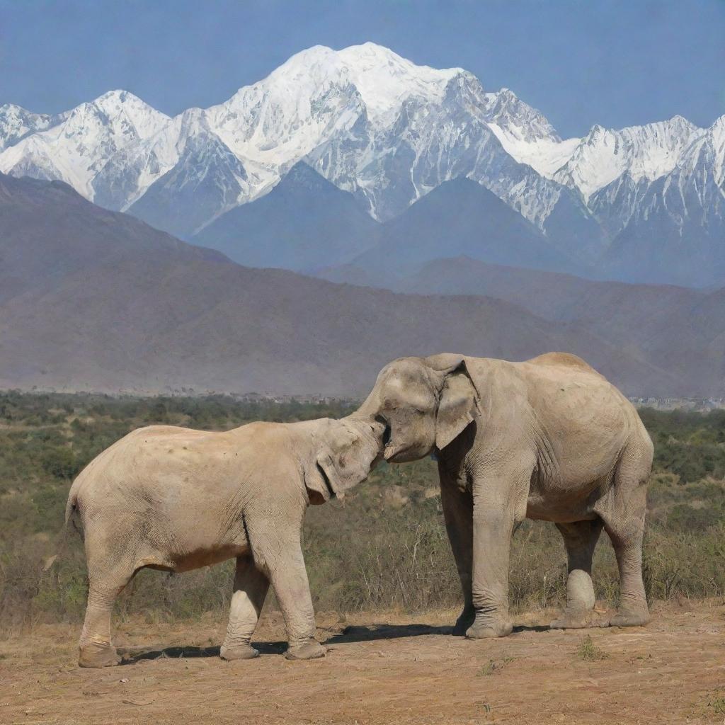 India and Pakistan personified as different majestic animals. An Asian elephant (India) and a regal Snow leopard (Pakistan) sharing a peaceful moment with the amalgamation of both nations' landscapes in the background.