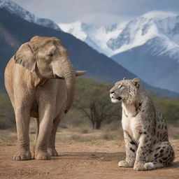 India and Pakistan personified as different majestic animals. An Asian elephant (India) and a regal Snow leopard (Pakistan) sharing a peaceful moment with the amalgamation of both nations' landscapes in the background.