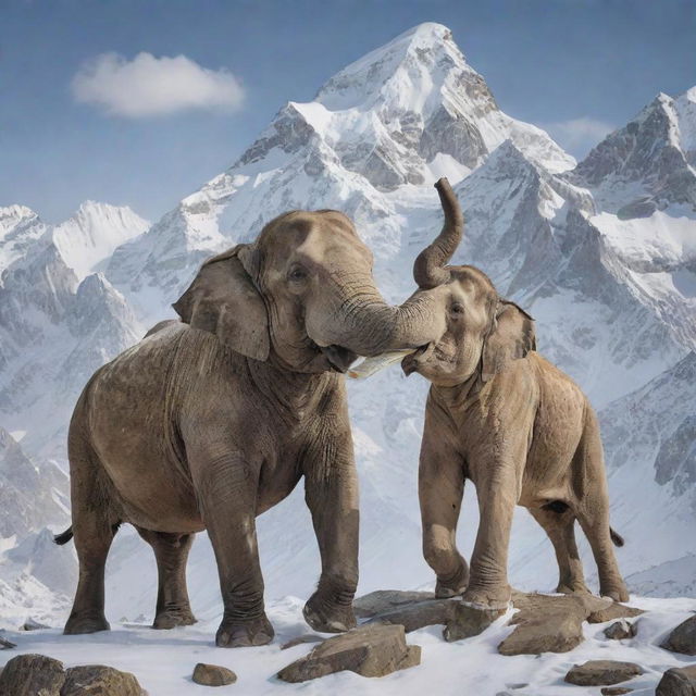 A symbolic battle between India and Pakistan with India depicted as a mighty Asian elephant and Pakistan as a formidable Snow leopard, in a dynamic scene set against the backdrop of combined iconic landscapes.