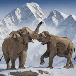 A symbolic battle between India and Pakistan with India depicted as a mighty Asian elephant and Pakistan as a formidable Snow leopard, in a dynamic scene set against the backdrop of combined iconic landscapes.