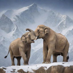 A symbolic battle between India and Pakistan with India depicted as a mighty Asian elephant and Pakistan as a formidable Snow leopard, in a dynamic scene set against the backdrop of combined iconic landscapes.