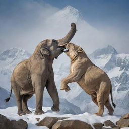 A symbolic battle between India and Pakistan with India depicted as a mighty Asian elephant and Pakistan as a formidable Snow leopard, in a dynamic scene set against the backdrop of combined iconic landscapes.