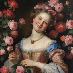 In the ambiance of the 17th century, a woman is smiling exuberantly, her hands brimming with extravagant bouquets of vibrant roses