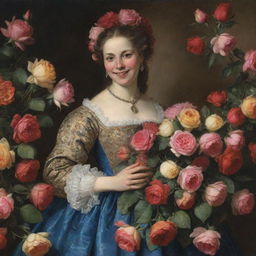 In the ambiance of the 17th century, a woman is smiling exuberantly, her hands brimming with extravagant bouquets of vibrant roses