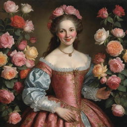 In the ambiance of the 17th century, a woman is smiling exuberantly, her hands brimming with extravagant bouquets of vibrant roses