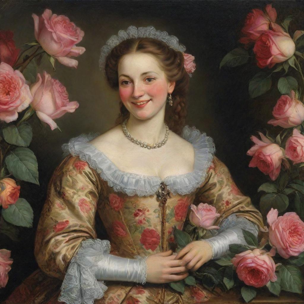 In the ambiance of the 17th century, a woman is smiling exuberantly, her hands brimming with extravagant bouquets of vibrant roses